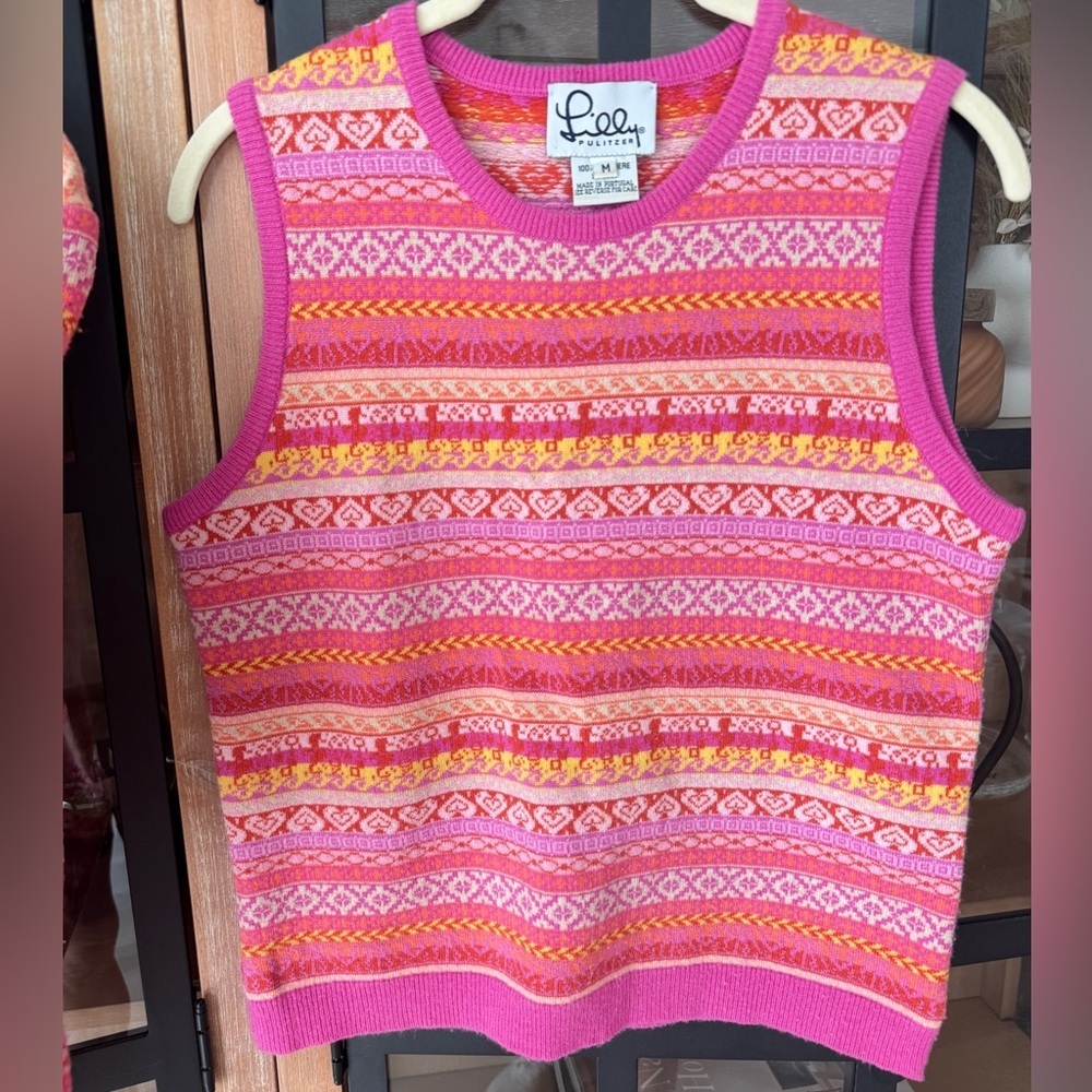 Vintage Lilly Pulitzer cashmere sweater vest sleeveless top fair isle knit heart